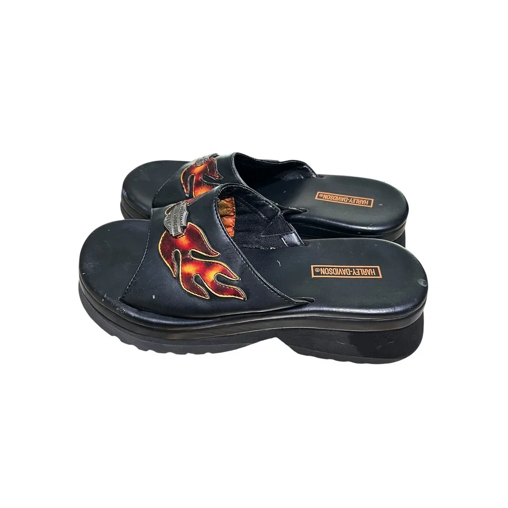 Vintage 90s HARLEY DAVIDSON Platform Sandals Slides 7 Black Flame Biker Goth Y2K